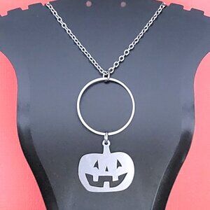 JACK O LANTERN Pumpkin Circle Stainless Steel Charm Chain Necklace 24" Halloween
